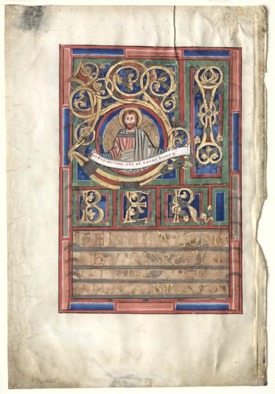 Hoja única extraída de un libro del Evangelio con inicial L[iber generationis]: San Mateo verso, c1190 de Unbekannt