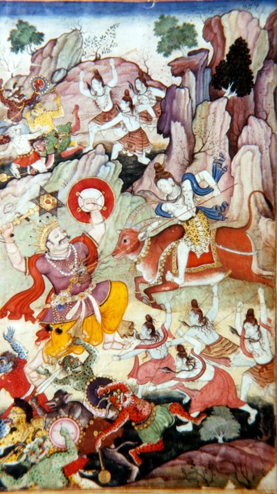 Siva destruye al demonio y Haka, manuscrito Harivamsa, Escuela Mughal, c. 1590 de Unbekannt