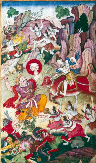 Siva destruye al demonio Andhaka, manuscrito Harivamsa, Mughul, c. 1590 de Unbekannt