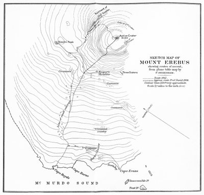 Mapa esquemático del Monte Erebus mostrando rutas de ascenso, c1912, 1913 de Unbekannt