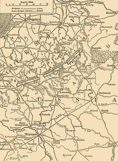 Mapa esquemático para ilustrar el ataque alemán al norte de Varsovia en febrero de Unbekannt