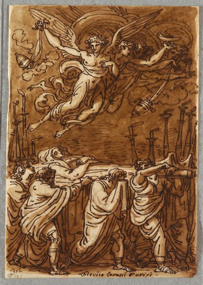 Folio de Cuaderno de Bocetos, Los Apóstoles Llevando el Cuerpo de la Virgen al Sepulcro, Estudio después de Lodovico Carracci de Unbekannt
