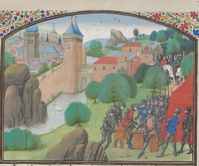 Soldados jugando a los dados ante la ciudad de Cesarea. Miniatura de la Historia de Guillermo de Tiro de Unbekannt