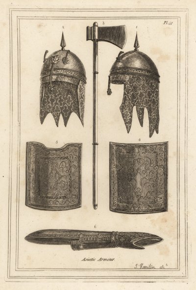 Casco con capucha de cota de malla de Souja Dowla, hacha de batalla, peto y espaldar, y armadura de brazo de Unbekannt