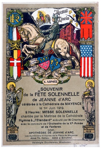 Souvenir de un festival en honor a Juana de Arco, celebrado en la Catedral de Mainz, Alemania, 1919 de Unbekannt