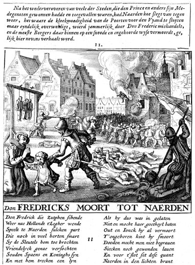 Tropas españolas incendiando edificios y masacrando durante el dominio español en los Países Bajos, 1567-73 de Unbekannt