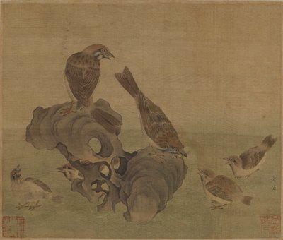 Gorriones alimentando a sus crías, dinastía Ming o Qing, siglo XVII de Unbekannt
