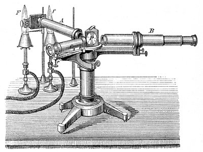Aparato espectroscópico utilizado por Robert Wilhelm Bunsen y Gustav Robert Kirchhoff, c1895 de Unbekannt