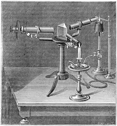 Aparato espectroscópico utilizado por Robert Wilhelm Bunsen y Gustav Robert Kirchhoff, c. 1895 de Unbekannt