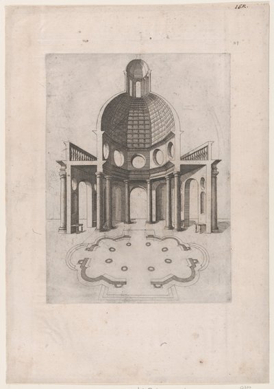 Speculum Romanae Magnificentiae: Interior y plano de un templo octogonal, ..., siglo XVI de Unbekannt