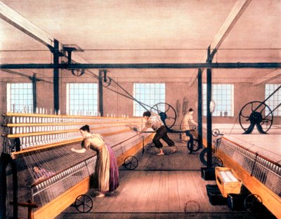 Hilando algodón con mulas automáticas del tipo ideado por Richard Roberts en 1825, c1835 de Unbekannt
