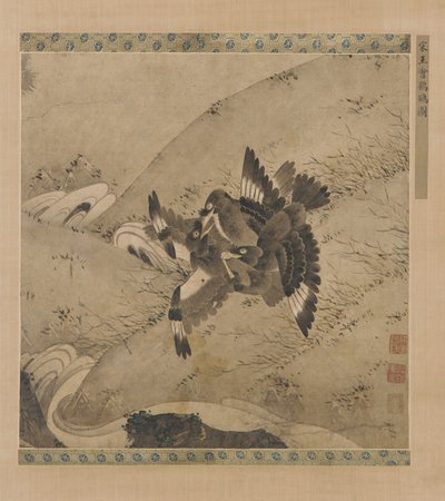 Estorninos peleando sobre un arroyo, dinastía Ming, siglos XV-XVI de Unbekannt