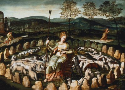 Santa Genoveva cuidando sus ovejas, siglo XVI de Unbekannt
