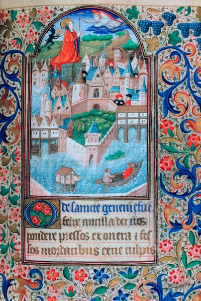 Santa Genoveva rezando en las torres de Notre Dame, París, siglo XV de Unbekannt