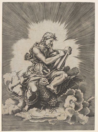 San Juan, sentado y sosteniendo un instrumento de escritura hacia una tableta, un águila con alas extendidas..., después de 1518 de Unbekannt