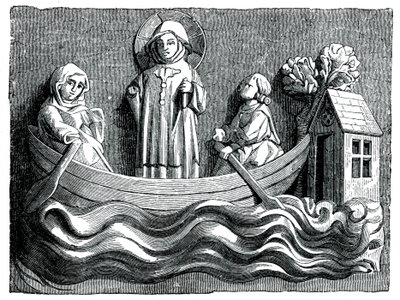 San Julián y Santa Basilisa, su esposa, transportando a Cristo en su bote, siglo XIII de Unbekannt