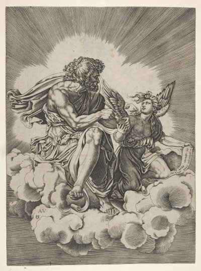 San Mateo, sentado en una nube con las piernas cruzadas y mojando una pluma en un tintero..., después de 1518 de Unbekannt