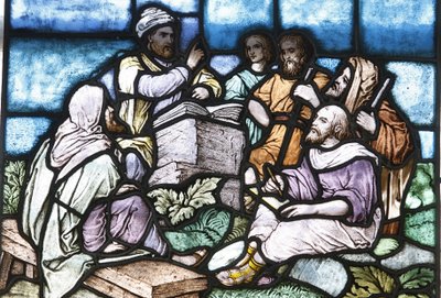 Vidriera: Abraham estudiando la Torá con el pueblo de Israel, Budapest, Hungría de Unbekannt