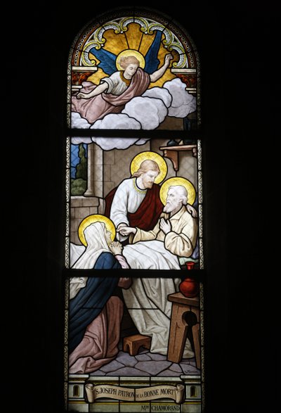 Vidriera en la iglesia católica de Notre Dame du Rosaire: San José, patrón de la muerte, Saint-Ouen, Francia de Unbekannt
