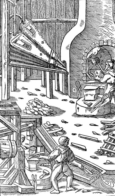 Producción de acero: una forja con fuelles para producir corriente, 1556 de Unbekannt