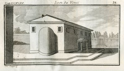 Estudios sobre la superposición de edificios. “Cuando los cuerpos de superficie convexa terminan sobre otros cuerpos de igual color, el término del convexo aparecerá más oscuro.” Grabado de “Tratado de la pintura” de Leonardo da Vinci (1452-1519) de Unbekannt