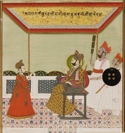 Surat Singh se sienta en un trono con brazos de león y recibe a su hijo joven, c1800 de Unbekannt