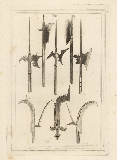 Hoja de espada alabarda 1,3,5, alabarda marrón 2, hacha de Lochaber 4, alabarda antigua 6, alabarda de mano con pequeñas campanas 7, y alabarda encontrada en Battefield, Shrewsbury 8 de Unbekannt