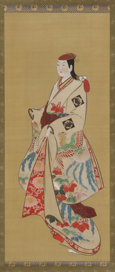 Chica alta, vestido con patrón de pájaro ho-o y flores kiri, período Edo, 1615-1868 de Unbekannt