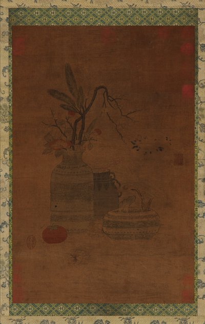 Tapiz: un cuenco, dos jarras, flores y frutas, posiblemente dinastía Ming, 1368-1644 de Unbekannt