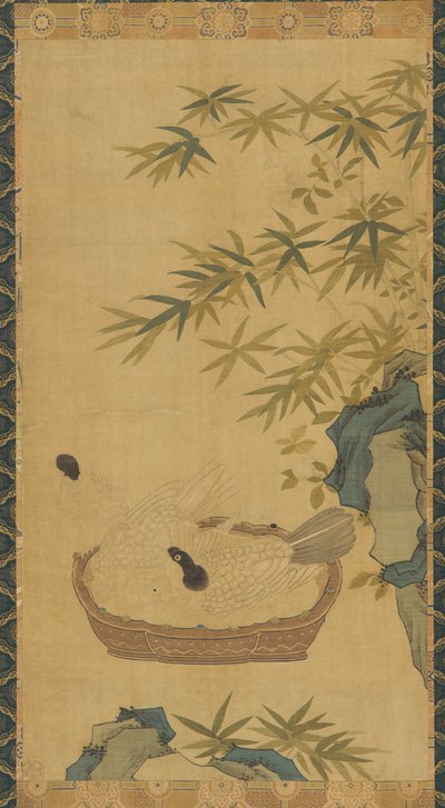 Tapiz: palomas bañándose en un cuenco, rocas y bambúes, posiblemente dinastía Ming, 1368-1644 de Unbekannt