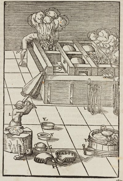 Técnica e instrumentos para calentar el mineral de plata - Grabado extraído de Descripción de los minerales y los principales métodos de explotación minera, de Lazarus Ecker de Unbekannt