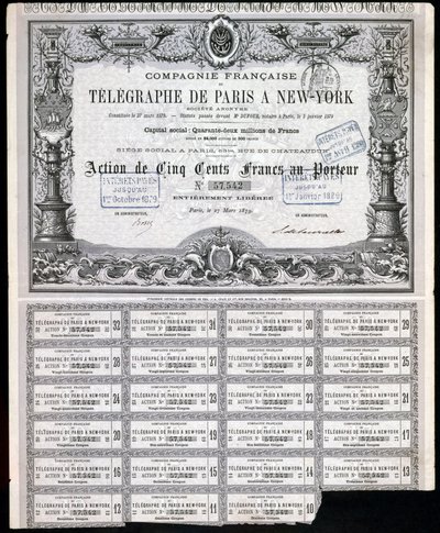 Certificado de acciones del Telégrafo General París-Nueva York, 27 de marzo de 1879 de Unbekannt