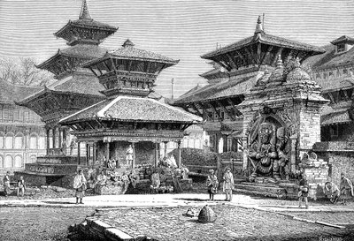 Templos frente al Palacio Real, Katmandú, Nepal de Unbekannt