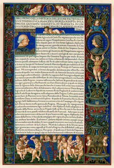 Página de texto con retratos de Francesco Sforza de Unbekannt