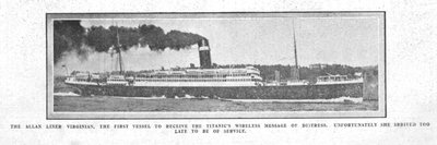 El transatlántico Virginian de Allan, el primer barco en recibir el mensaje inalámbrico..., 20 de abril de 1912 de Unbekannt