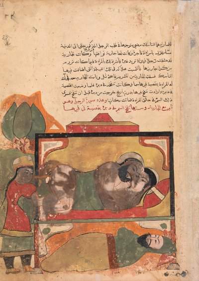 El asceta presencia a la mujer intentando envenenar al amante, Folio de un Kalila..., siglo XVIII de Unbekannt