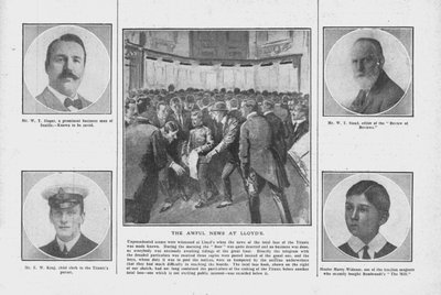 Las terribles noticias en Lloyds, con retratos de algunos de los que estaban a bordo del Titanic, 20 de abril de 1912 de Unbekannt