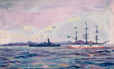 El crucero de entrenamiento Benjamin Constant y el acorazado Minas Geraes en el puerto de Río de Unbekannt