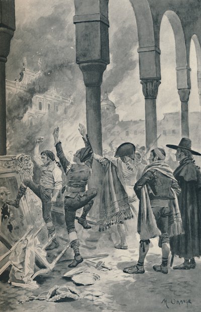 El incendio de un palacio de Godoy por la población en Madrid, 1896 de Unbekannt