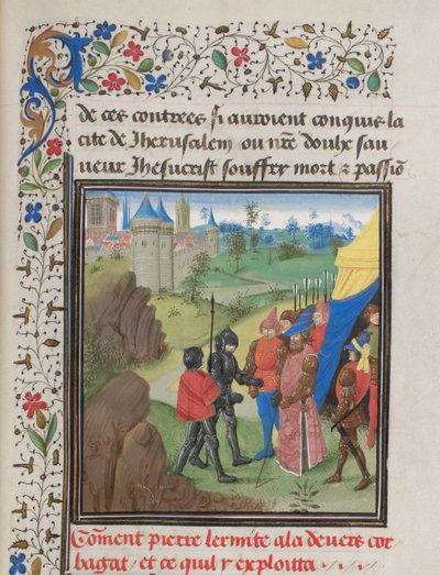 La embajada de Pedro el Ermitaño y Herluin a Kerbogha. Miniatura de la Historia de Guillermo de Tiro, 1460s de Unbekannt