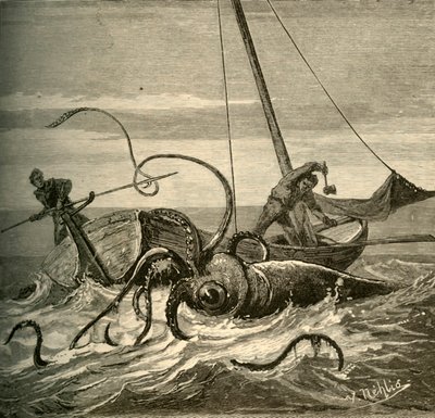 La batalla de los pescadores con el calamar gigante, 1881 de Unbekannt