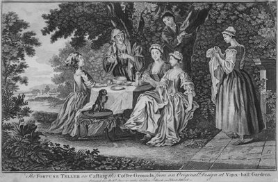 La adivina leyendo los posos del café, de un diseño original en Vaux-hall ..., 1748-60 de Unbekannt