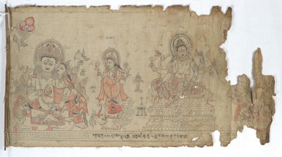 La diosa Vasudhara flanqueada por Kubera y una Durga fragmentaria, datado en 1651 de Unbekannt