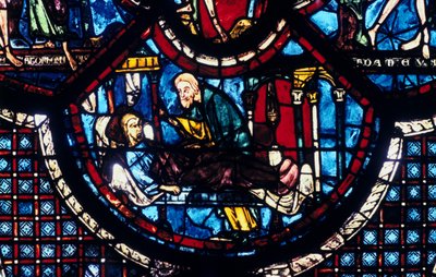 El Buen Samaritano cuida al peregrino, vidriera, Catedral de Chartres, Francia, 1205-1215 de Unbekannt