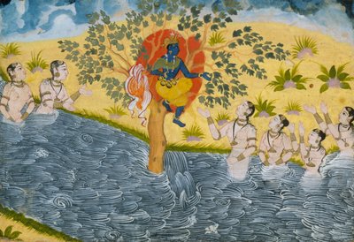 Las gopis suplican a Krishna que devuelva su ropa, página de un Bhagavata Purana, ca. 1610 de Unbekannt