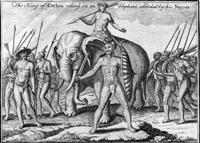 El Rey de Cochin montando en un elefante, acompañado por sus Nayros, c1745 de Unbekannt