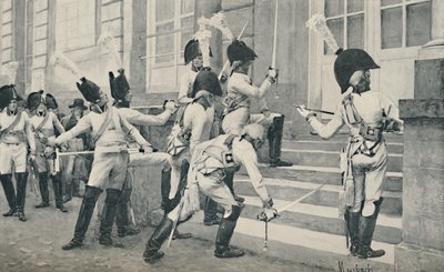 La Guardia Noble Prusiana afila sus espadas en los escalones de la Embajada Francesa en Berlín, 1896 de Unbekannt