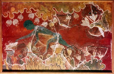 El fresco del recolector de azafrán del Palacio Real Minoico, Knossos, Creta, c. siglo XV a.C. de Unbekannt