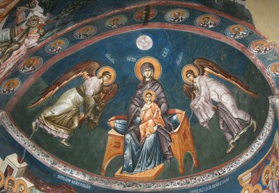 La Virgen entronizada con Cristo Emmanuel con los arcángeles Miguel y Gabriel, siglo XIV de Unbekannt