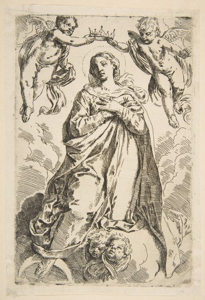 La Virgen coronada por dos ángeles, copia de Cantarini, siglo XVII de Unbekannt